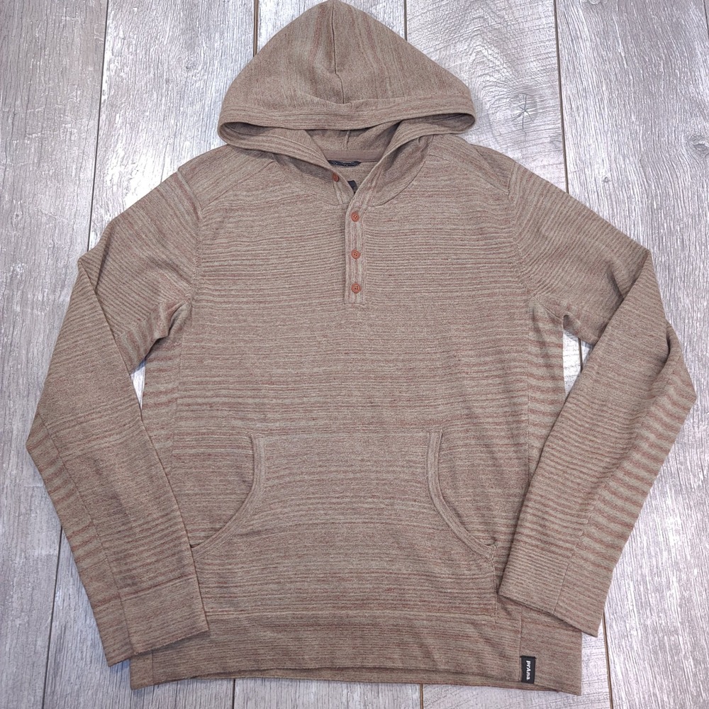 Prana Hoodie Mens Medium Brown Slim Fit Henley Button Kangaroo Pocket Pullover